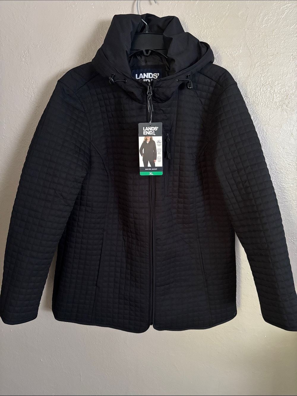 Lands' End Women's Lightweight Black Hooded Quilted Jacket XL